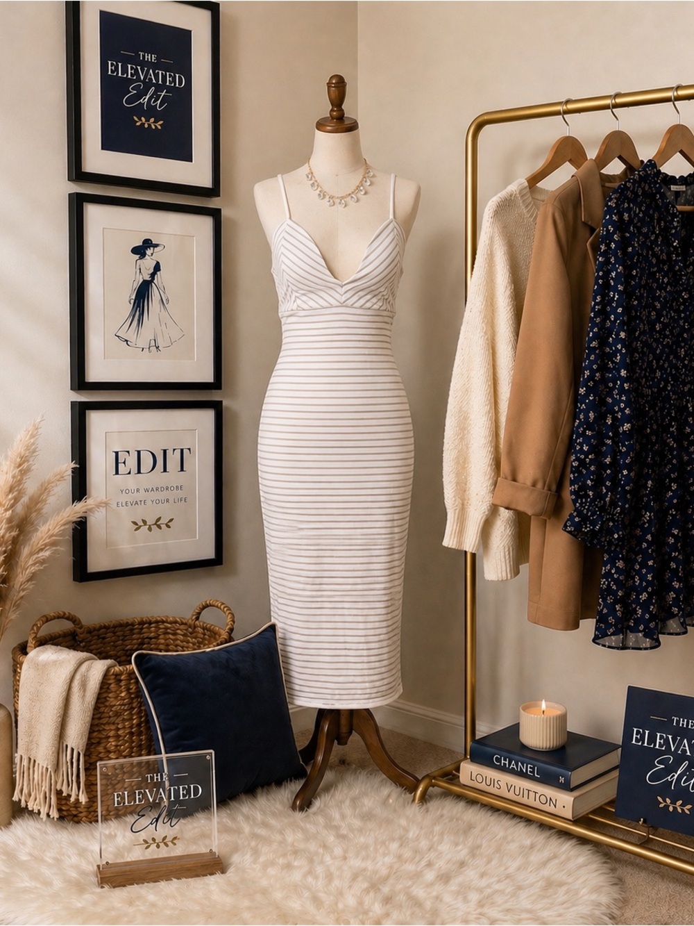 Minimalist Tailored Midi Dress — Neutral Stripe, Sculpted Fit | Quiet Luxury